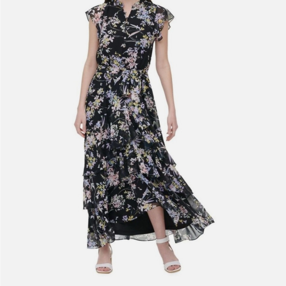 calvin klein layered floral midi dress black